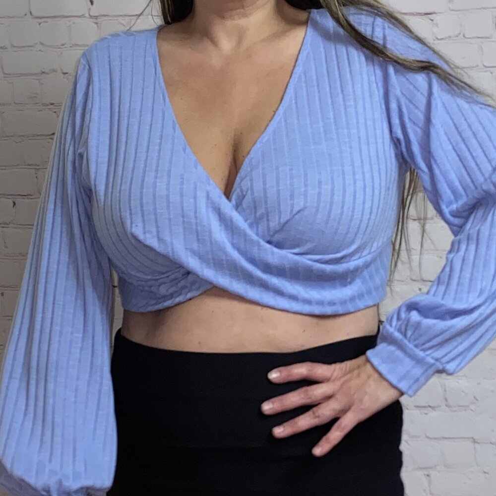!3X*Almost Famous*Light Blue Long Sleeve, Surplice-Style Low Neck Crop Top